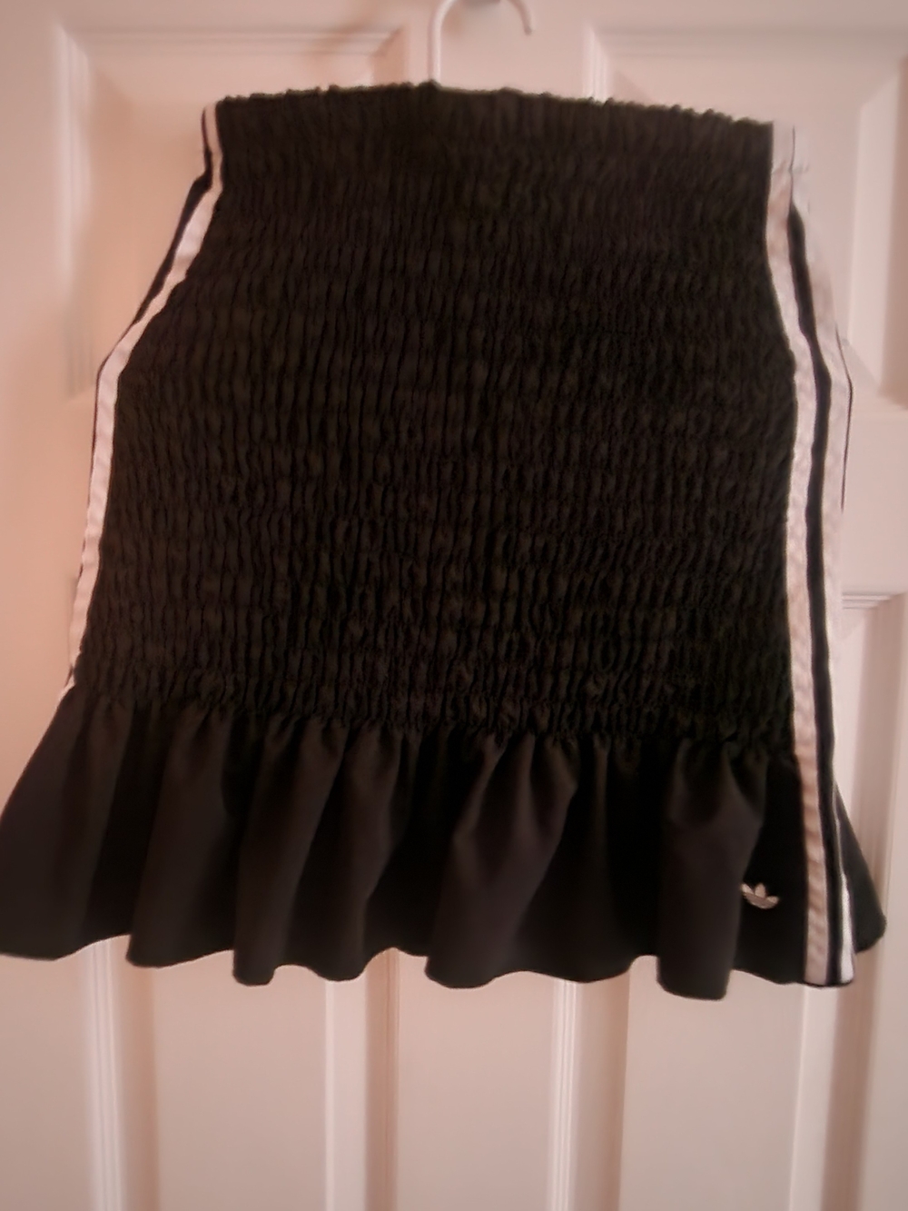 adidas Black Smocked Skirt with White Side Stripes and Ruffle Hem